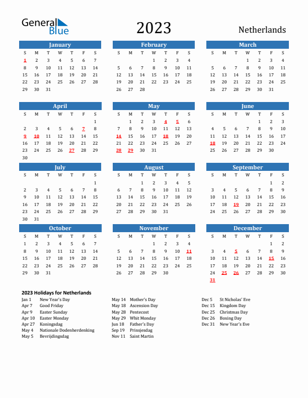 2023 Calendar With Holidays Portrait Sunday Start En Nl 612x792 