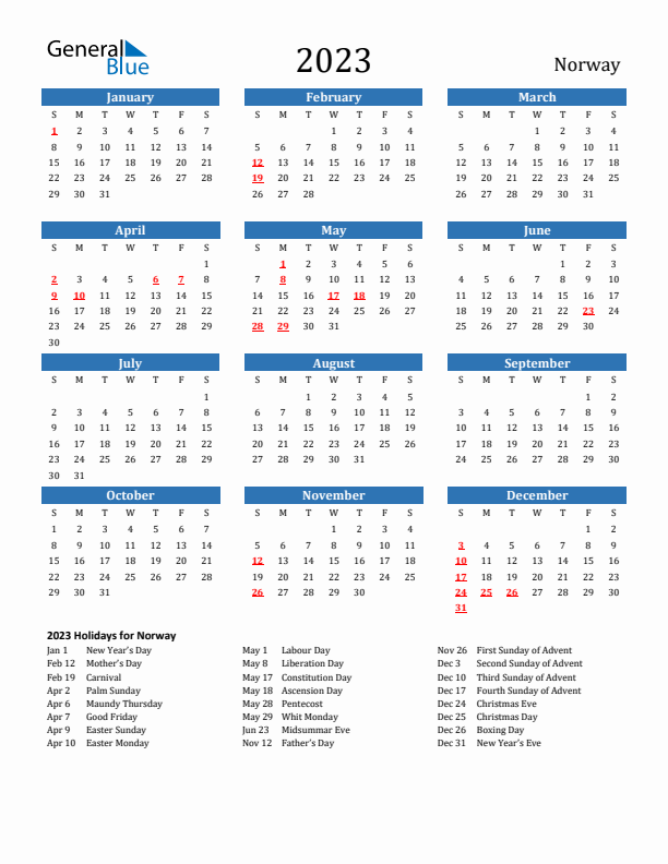 Norway 2023 Calendar with Holidays