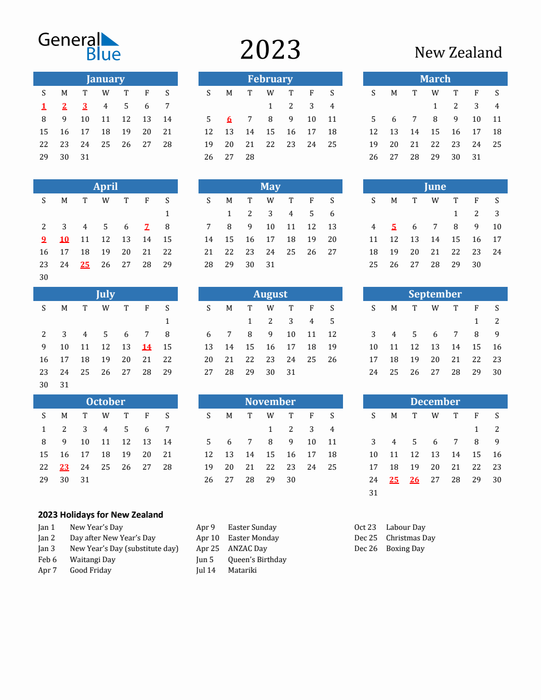 2023 New Zealand Calendar with Holidays