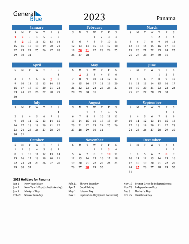 Panama 2023 Calendar with Holidays