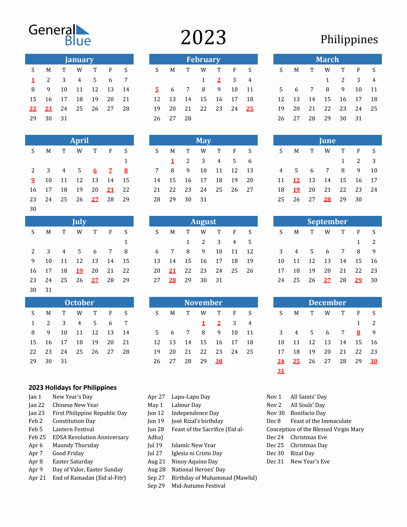 2023 yearly calendar with Philippines holidays