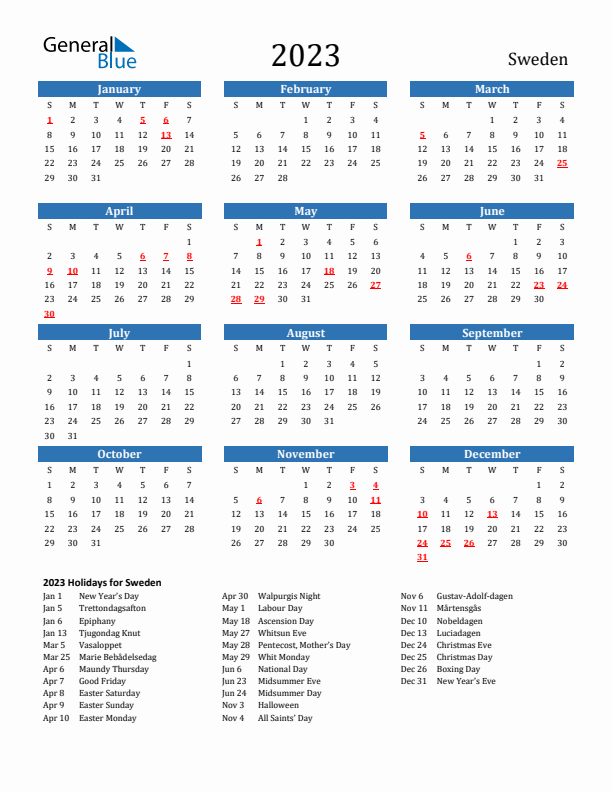 2023 Sweden Calendar with Holidays