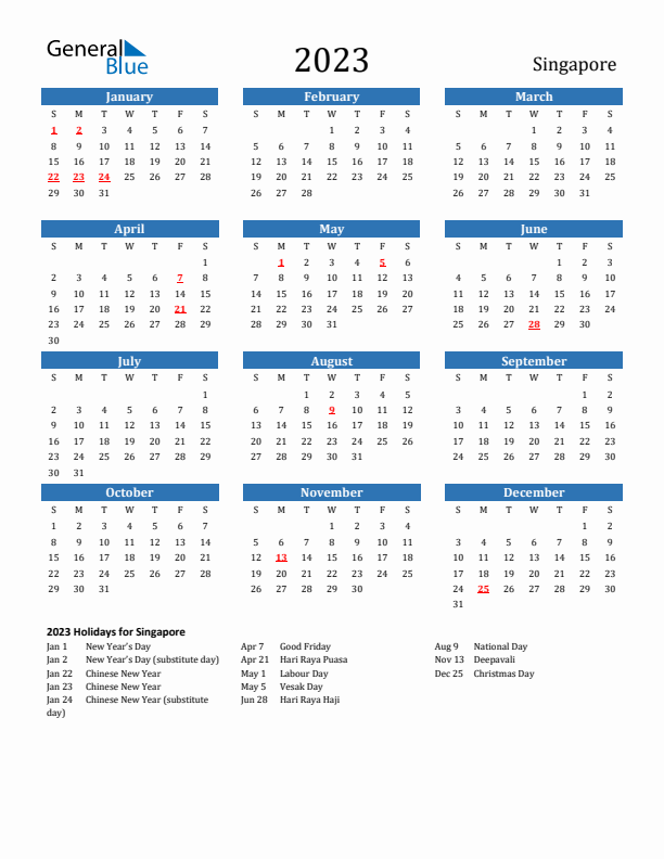 Singapore 2023 Calendar with Holidays