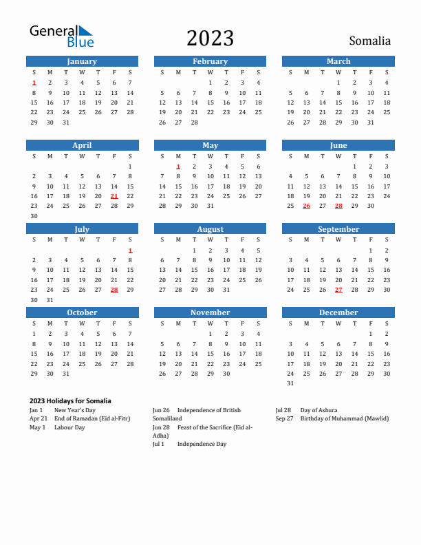 Somalia 2023 Calendar with Holidays