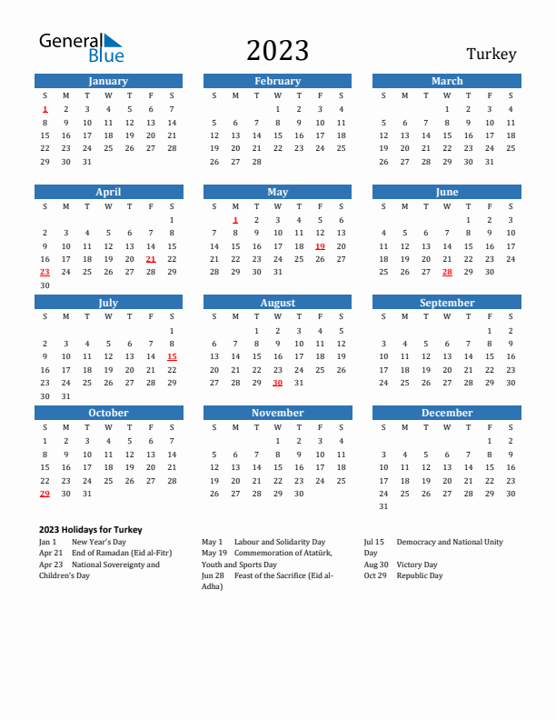 Turkey 2023 Calendar with Holidays