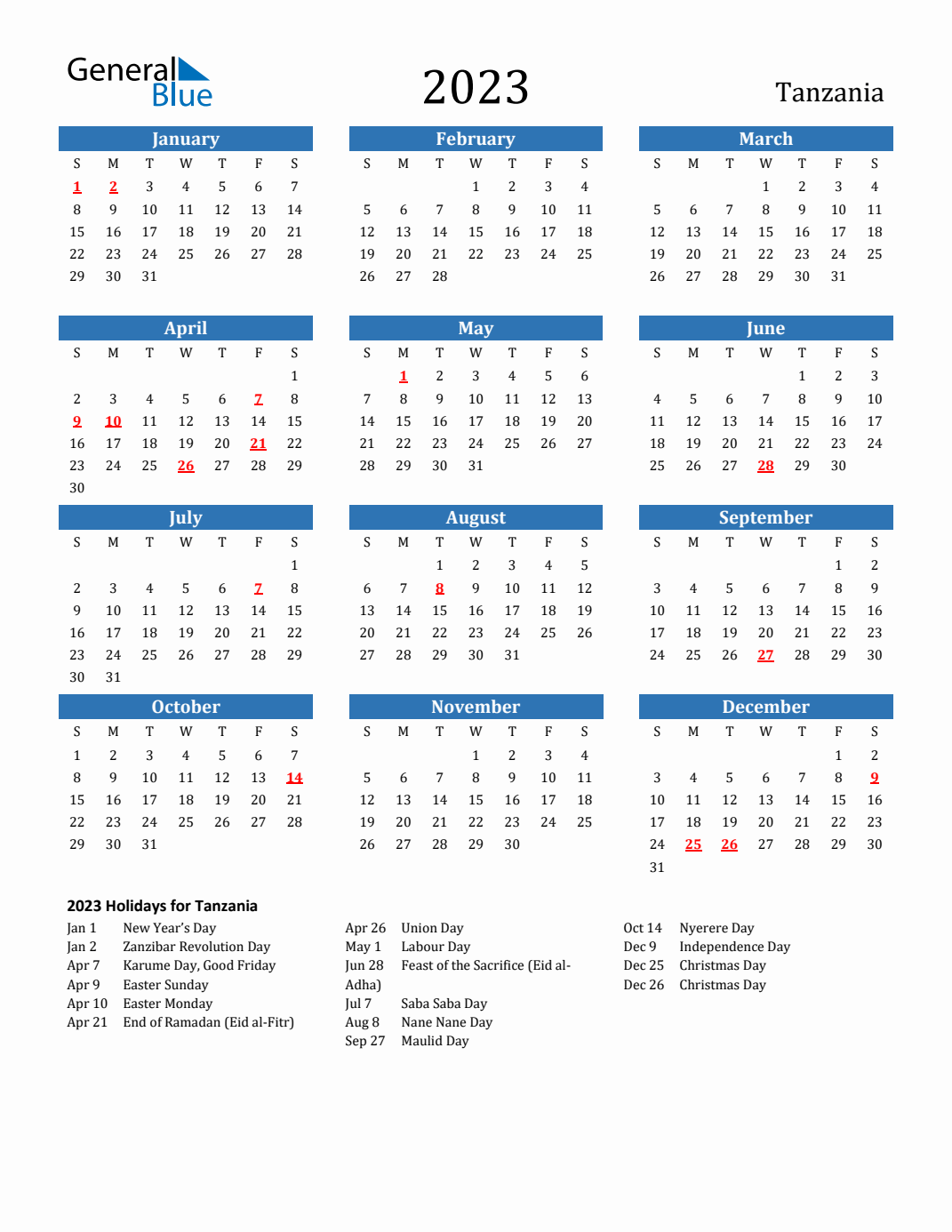 2023 Tanzania Calendar with Holidays
