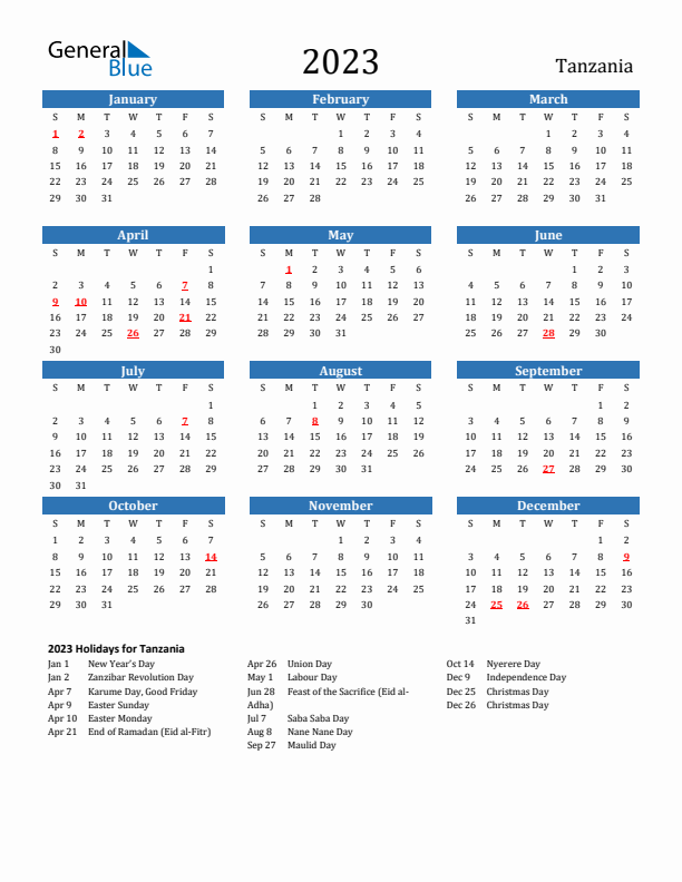 Tanzania 2023 Calendar with Holidays