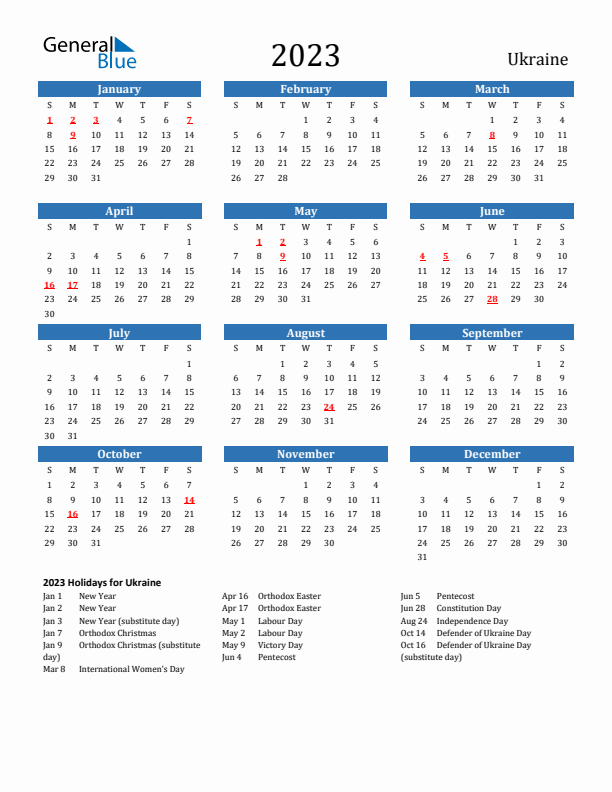 Ukraine 2023 Calendar with Holidays