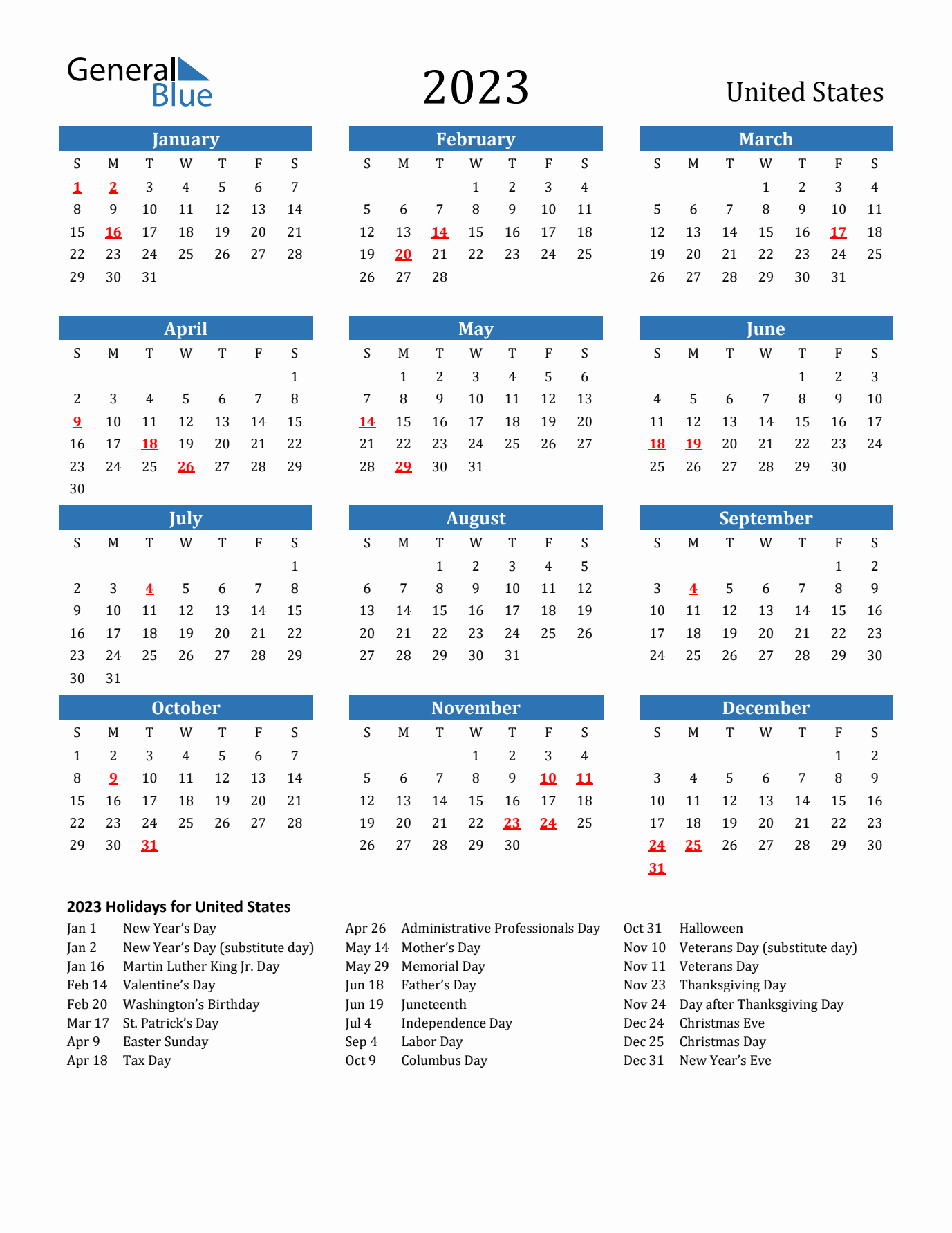 2023 yearly calendar with United States holidays