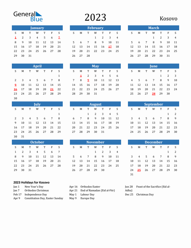 Kosovo 2023 Calendar with Holidays