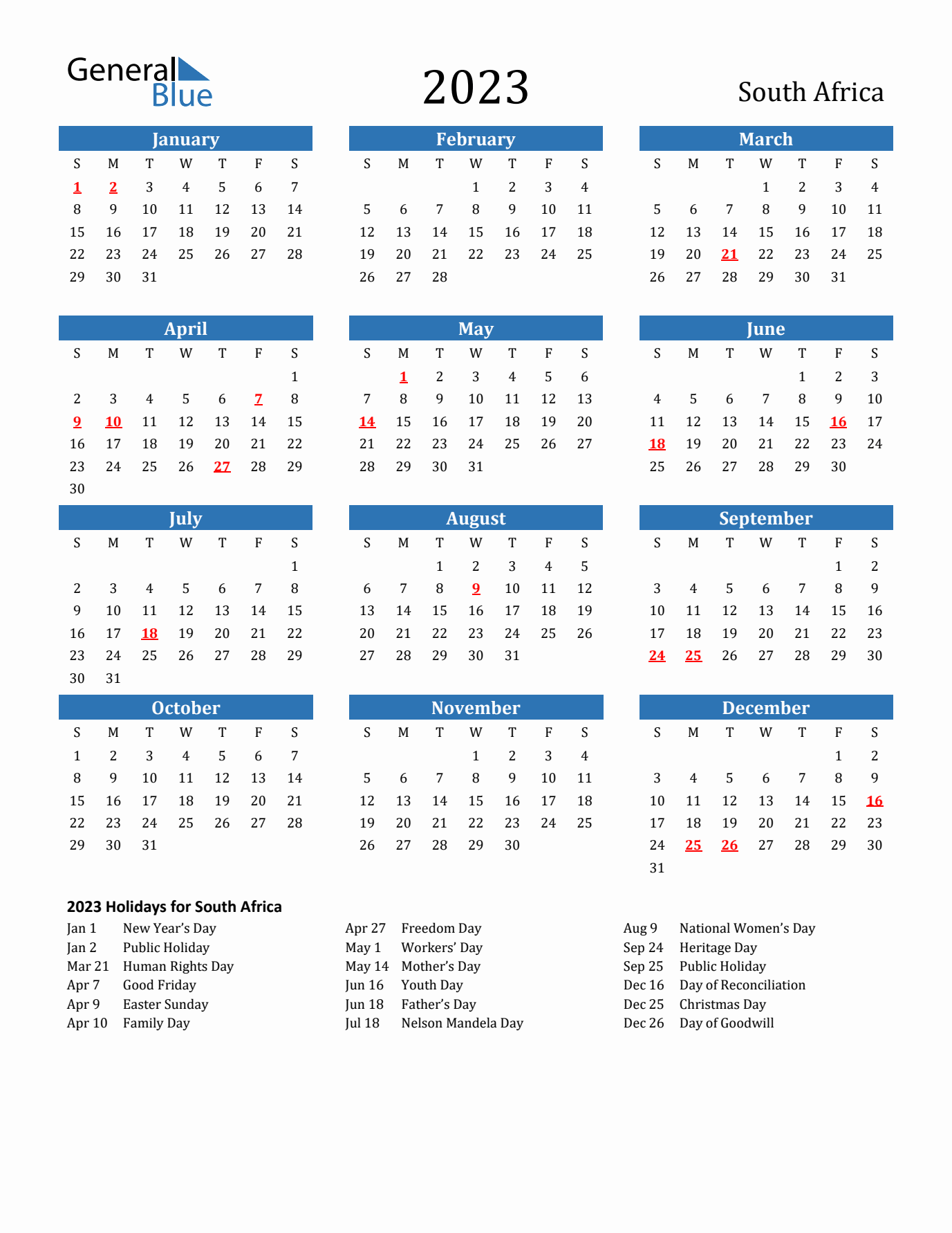 2023 yearly calendar with South Africa holidays