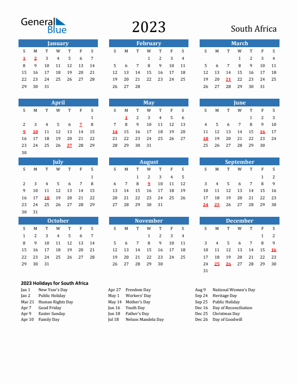 South Africa 2023 Calendar with Holidays