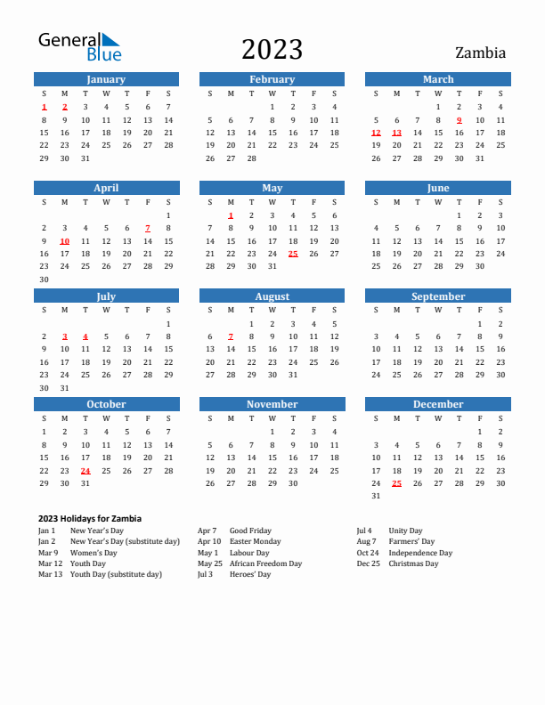 Zambia 2023 Calendar with Holidays