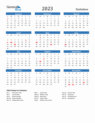 Zimbabwe current year calendar 2023 with holidays