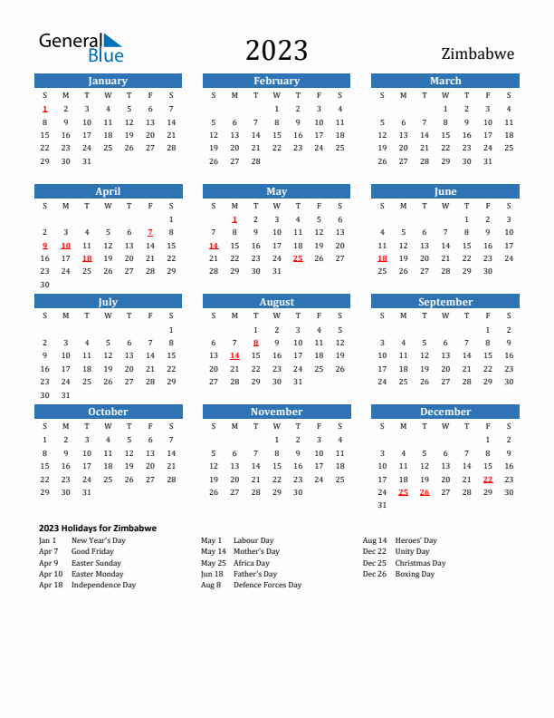 Zimbabwe 2023 Calendar with Holidays