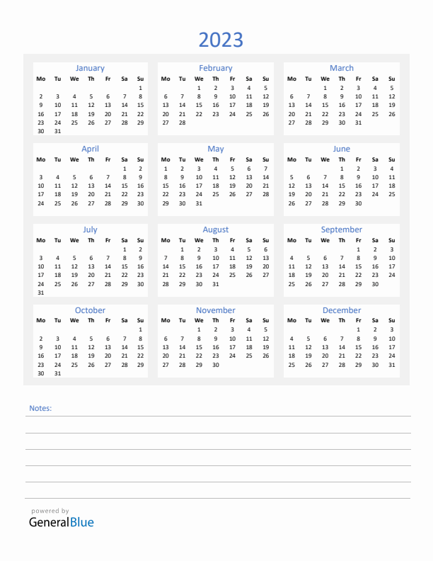 2023 Yearly Calendar Template with Notes Section (PDF Excel Word)