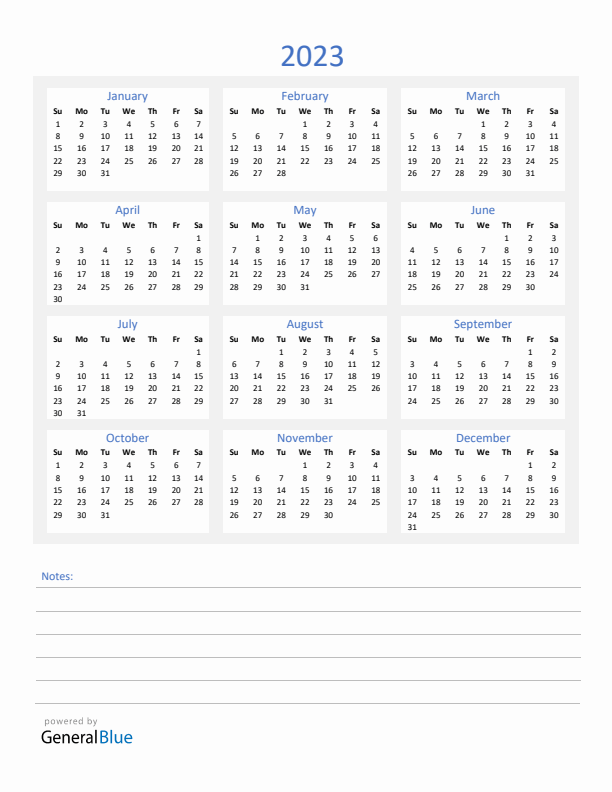 2023 Yearly Calendar Template with Notes Section (PDF Excel Word)