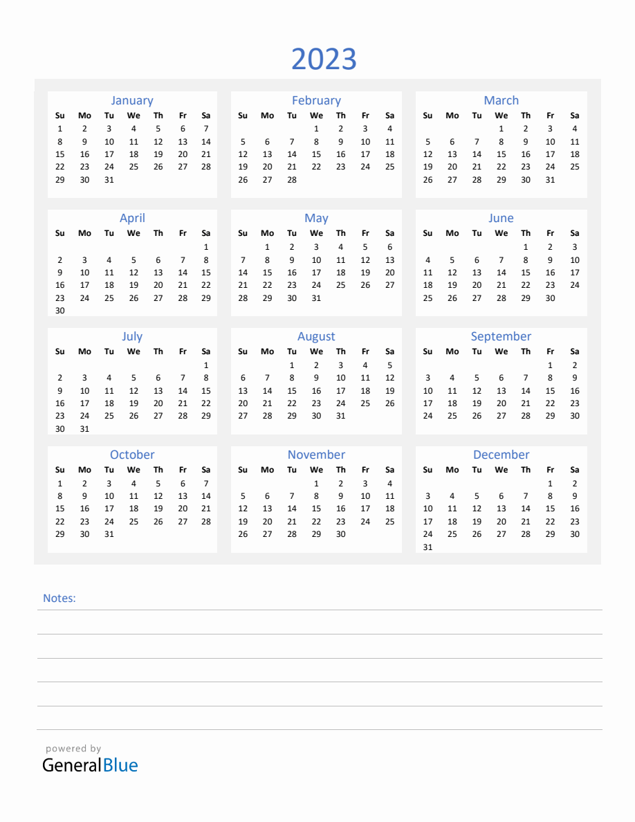 2023 Yearly Calendar Template With Notes Section