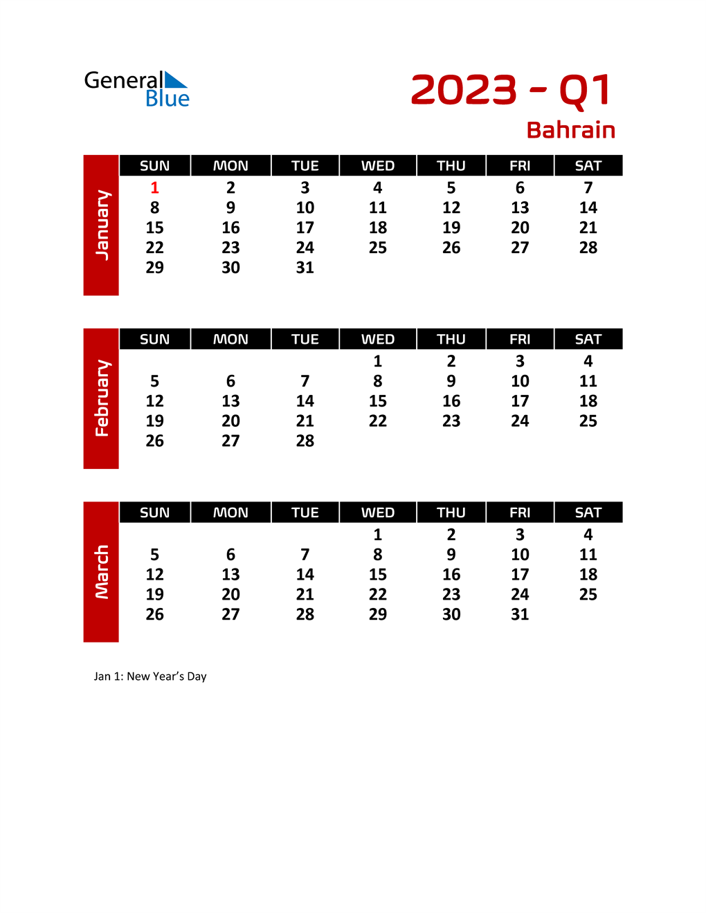 2023 Calendar With Holidays Bahrain Q1 2023 Quarterly Calendar With Bahrain Holidays