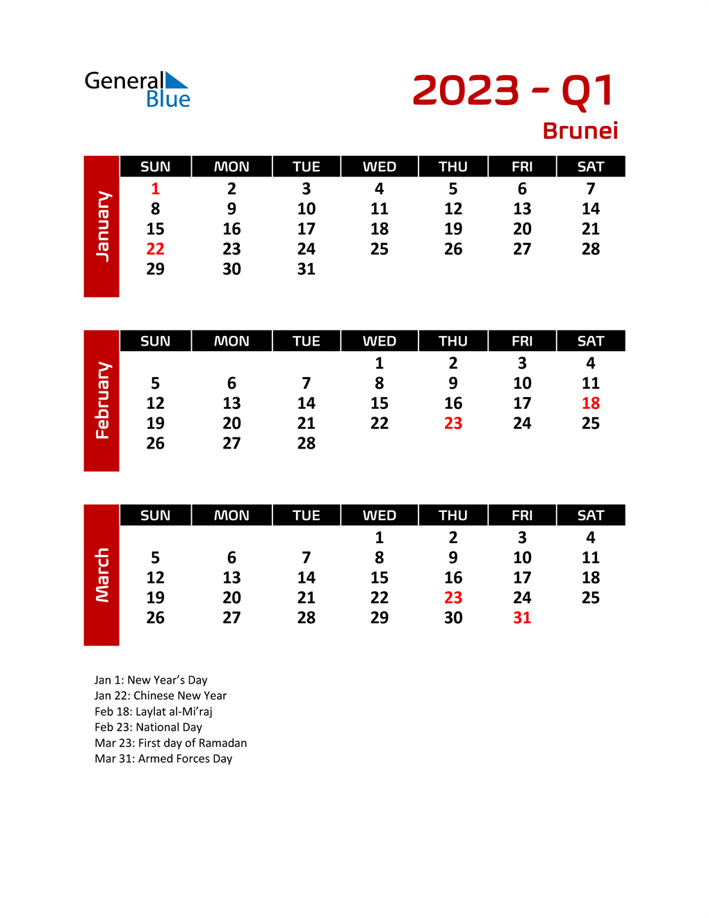 2023 Calendar With Holidays Brunei Q1 2023 Quarterly Calendar With Brunei Holidays