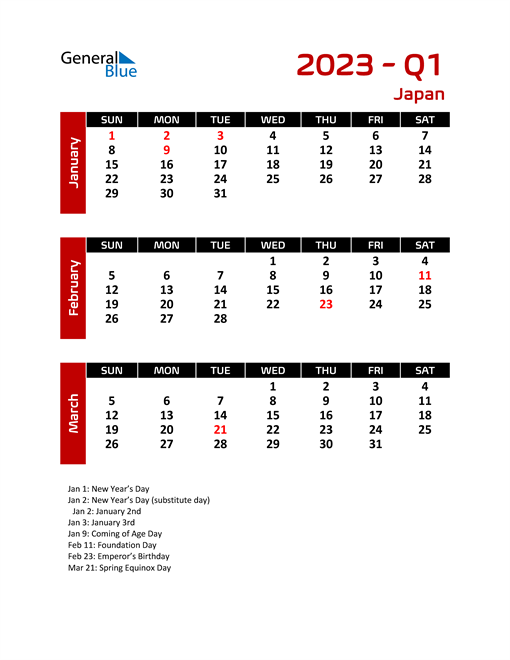  Q1 2023 Calendar with Holidays