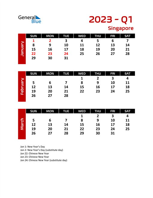 Singapore Calendars with Holidays