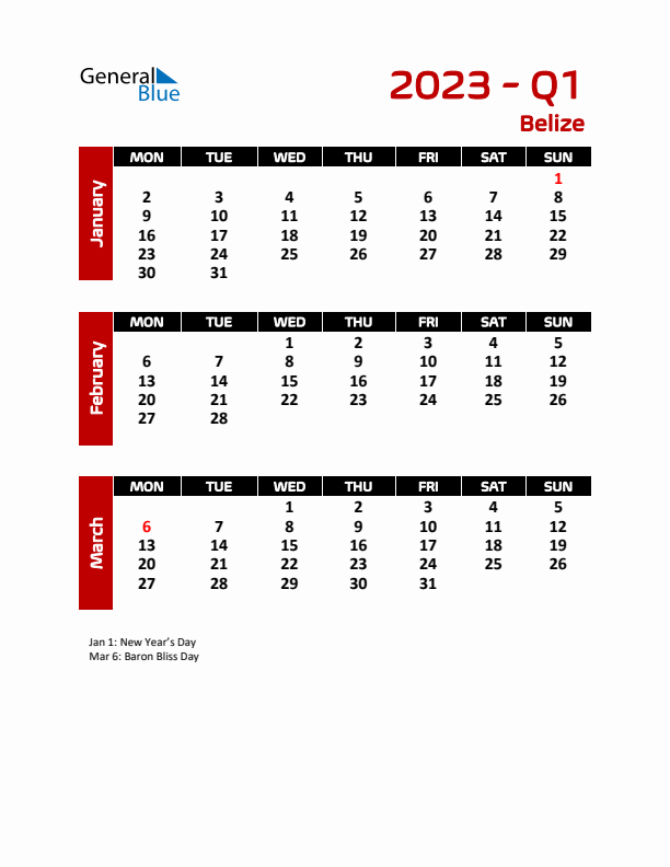 Threemonth calendar for Belize Q1 of 2023