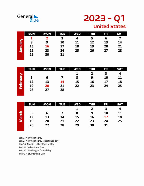 Q1 2023 Quarterly Calendar with United States Holidays (PDF, Excel, Word)