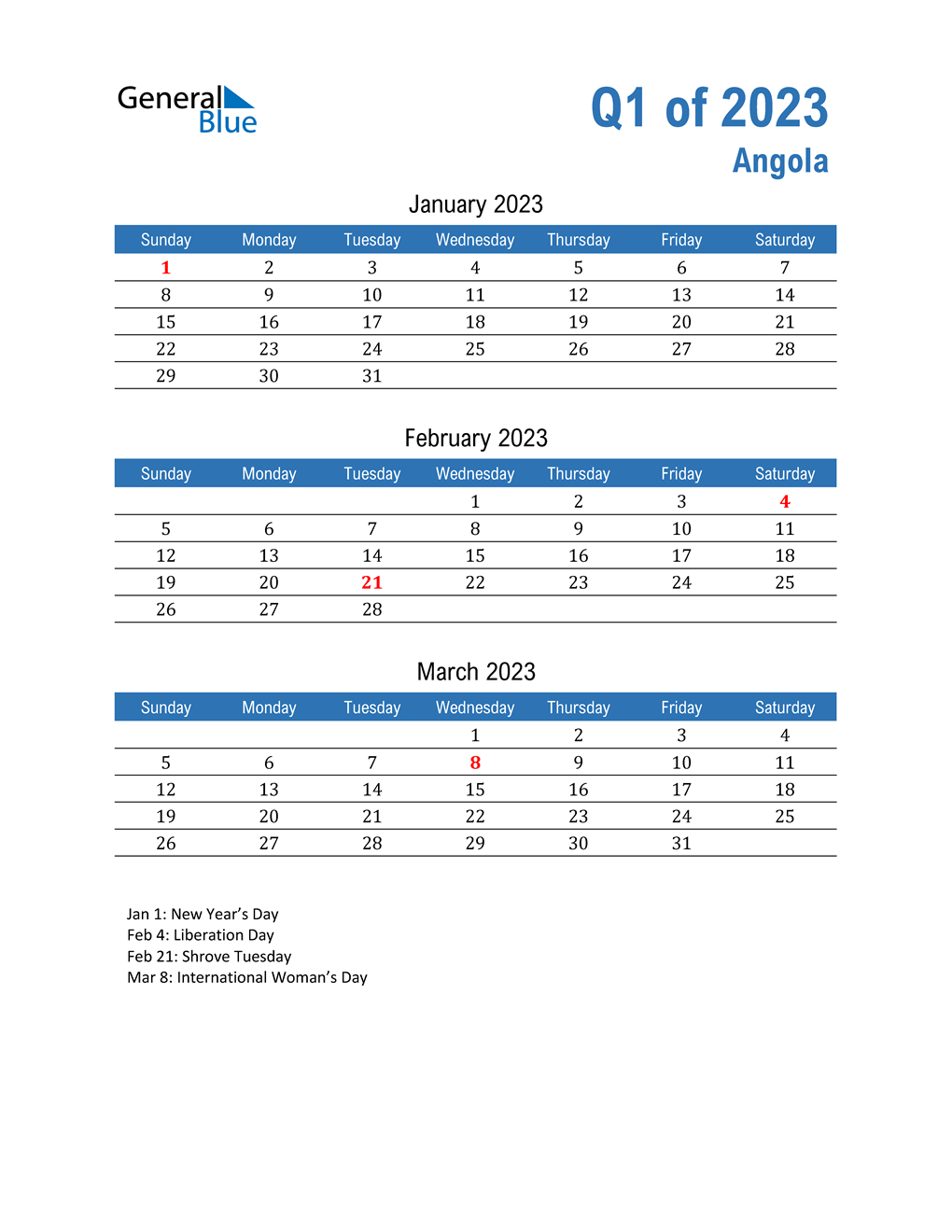  Angola 2023 Quarterly Calendar 