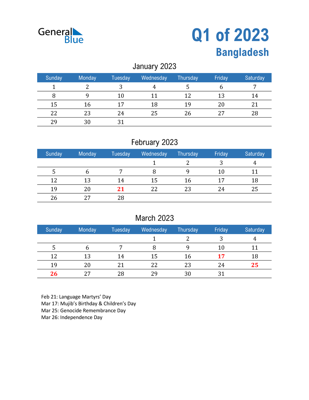  Bangladesh 2023 Quarterly Calendar 