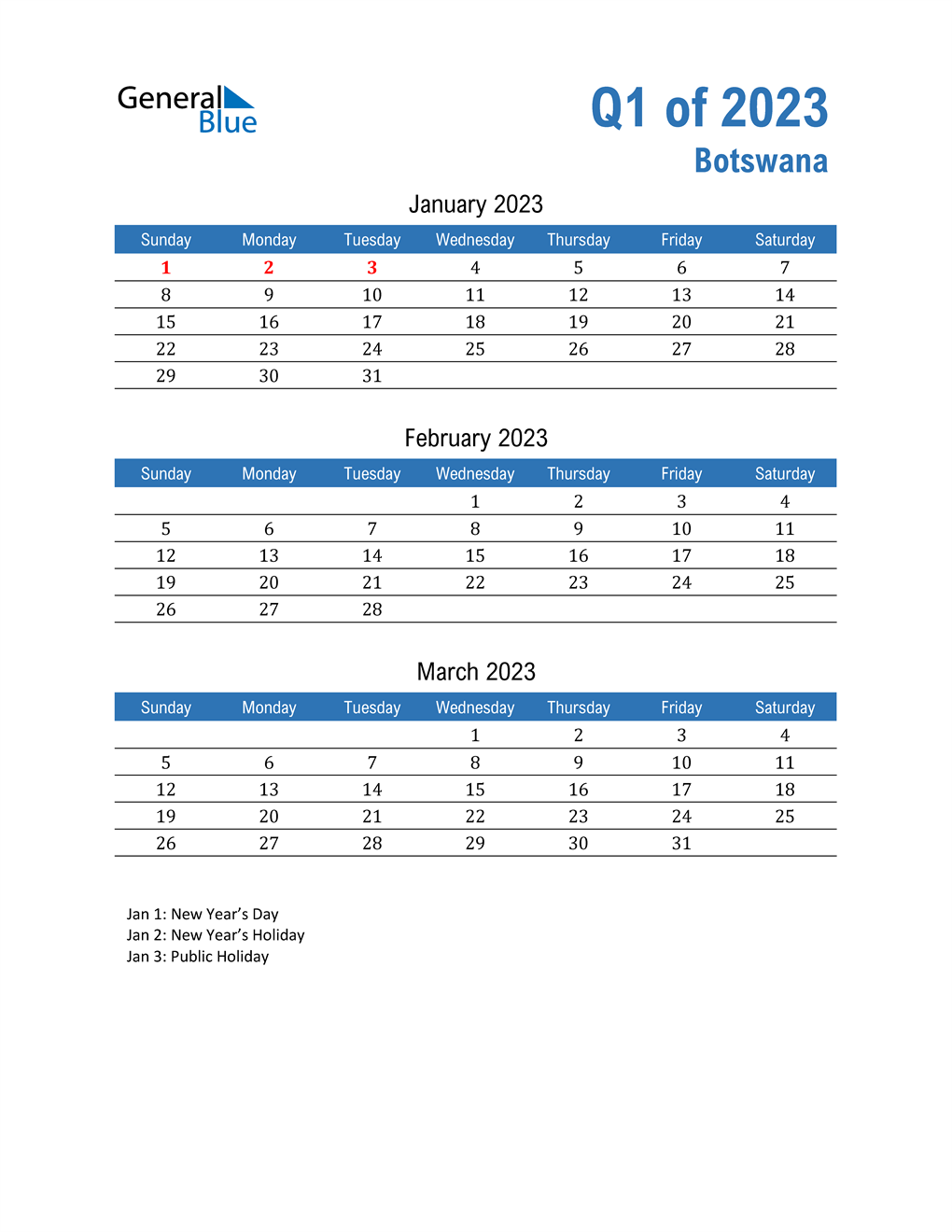  Botswana 2023 Quarterly Calendar 