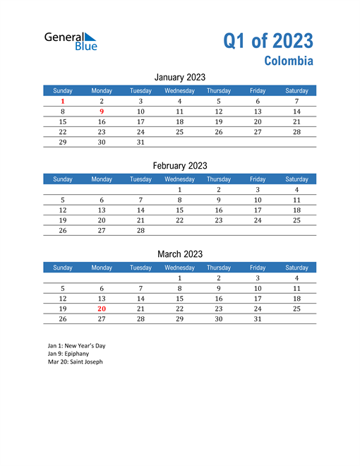  Colombia 2023 Quarterly Calendar 