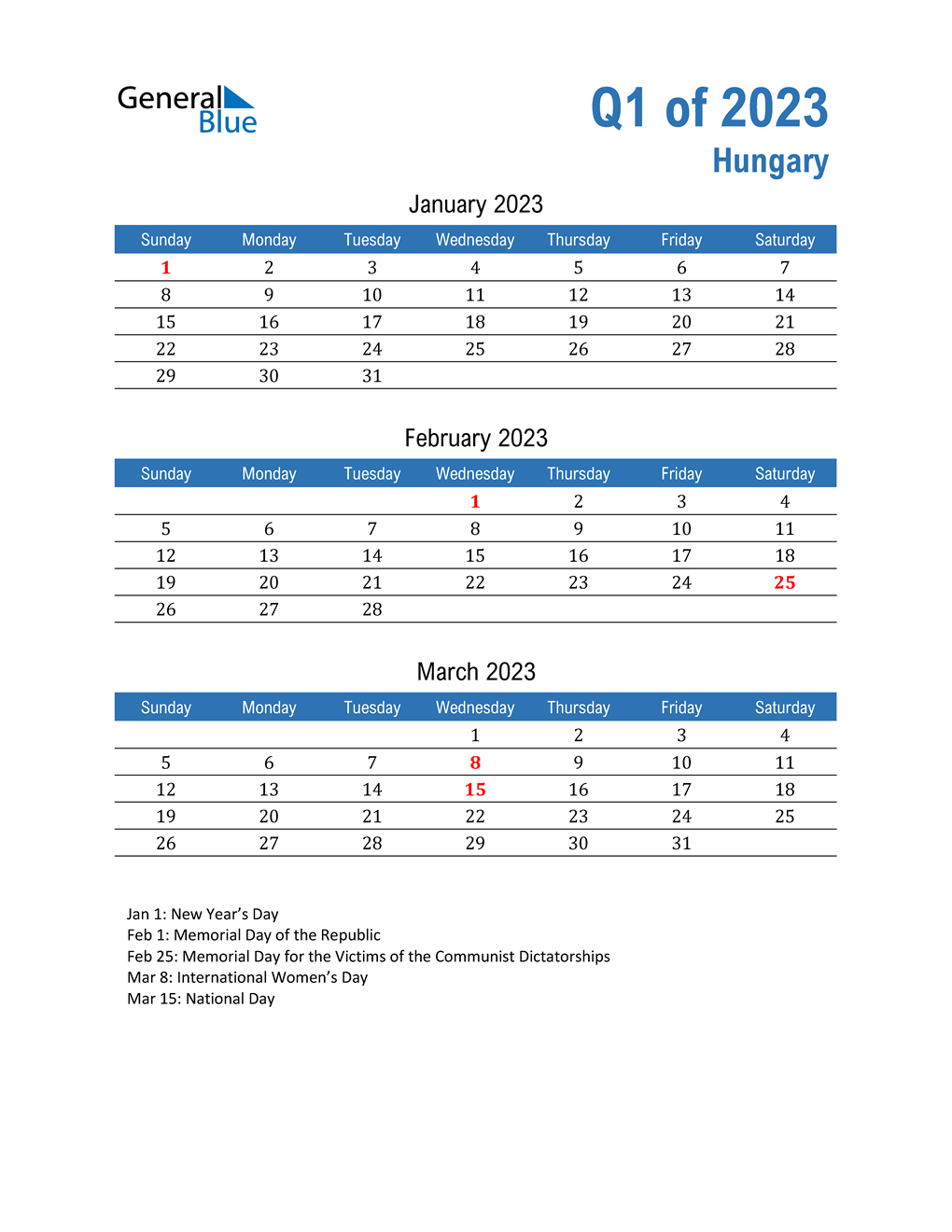  Hungary 2023 Quarterly Calendar 