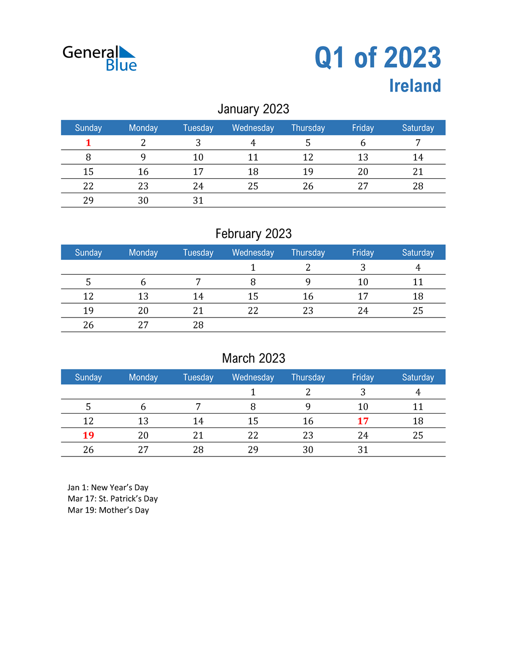  Ireland 2023 Quarterly Calendar 