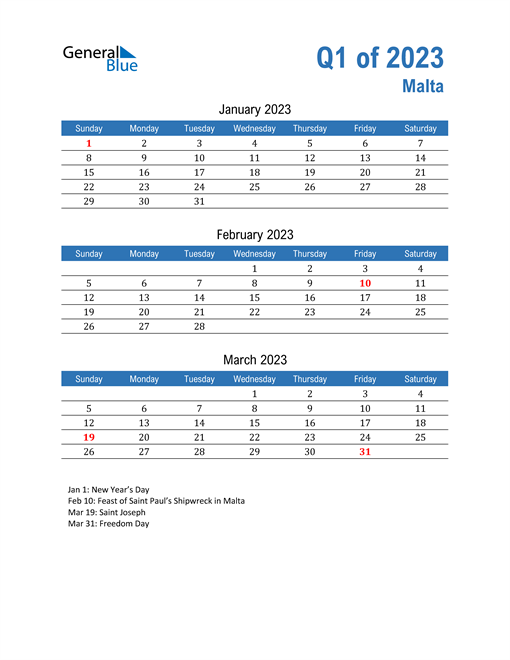 Q1 2023 Quarterly Calendar with Malta Holidays