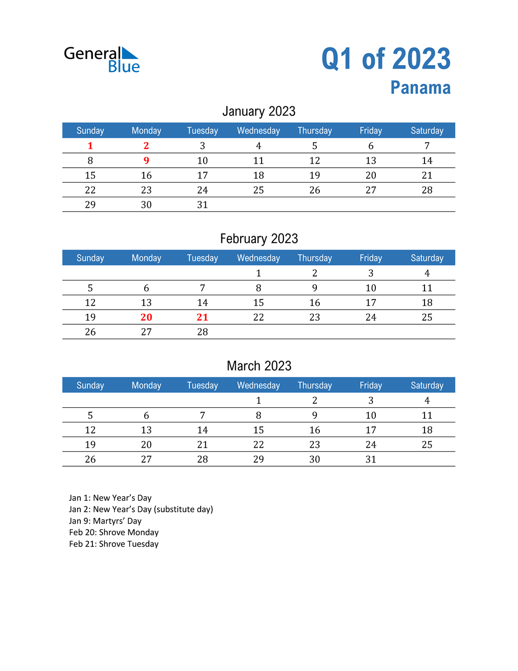  Panama 2023 Quarterly Calendar 