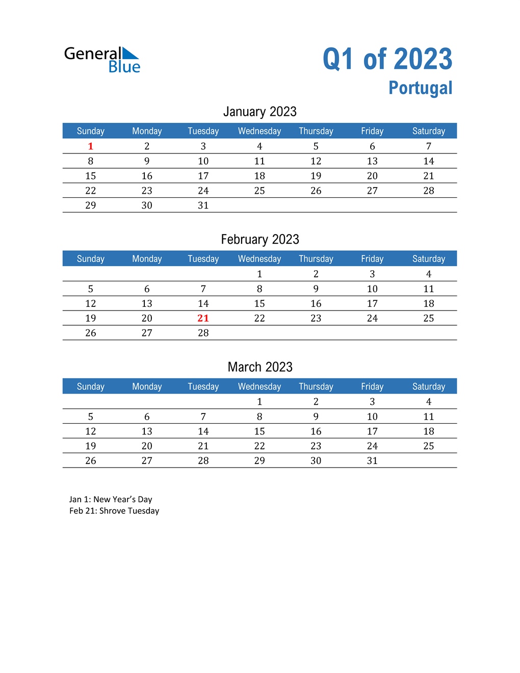  Portugal 2023 Quarterly Calendar 