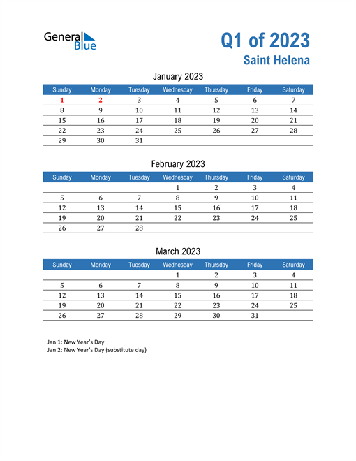  Saint Helena 2023 Quarterly Calendar 
