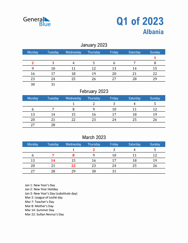 Albania 2023 Quarterly Calendar with Monday Start