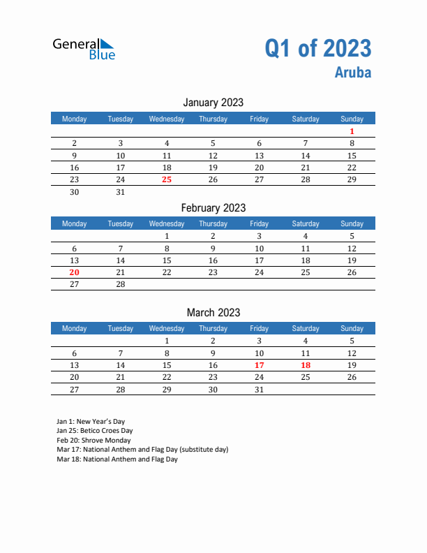 Aruba 2023 Quarterly Calendar with Monday Start