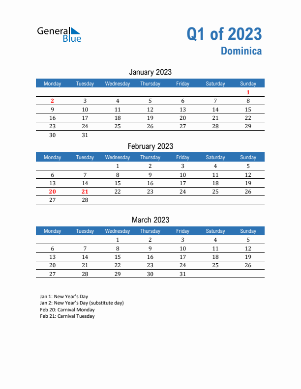 Dominica 2023 Quarterly Calendar with Monday Start