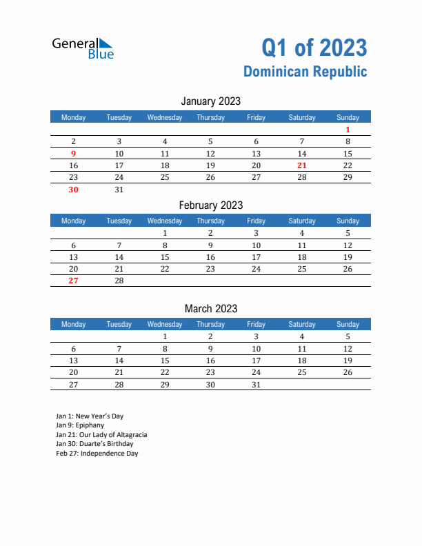 Dominican Republic 2023 Quarterly Calendar with Monday Start