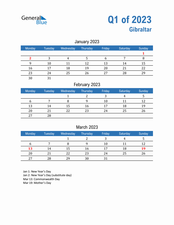 Gibraltar 2023 Quarterly Calendar with Monday Start
