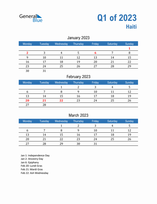 Haiti 2023 Quarterly Calendar with Monday Start