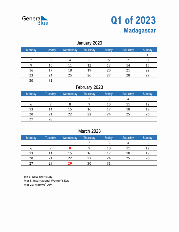 Madagascar 2023 Quarterly Calendar with Monday Start