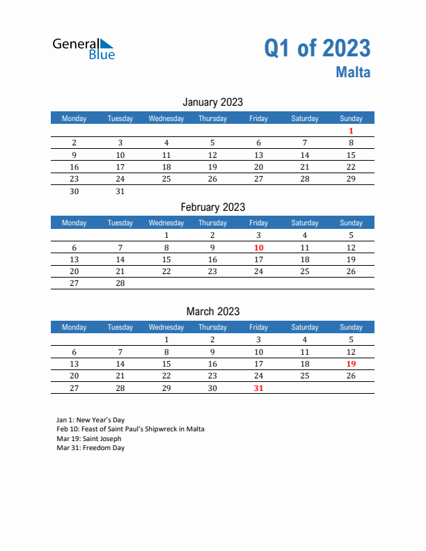 Malta 2023 Quarterly Calendar with Monday Start