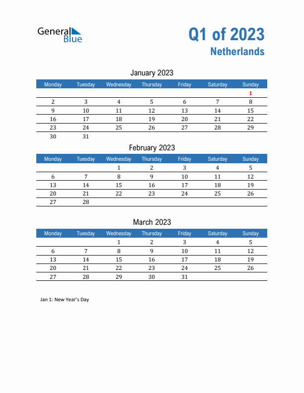 The Netherlands 2023 Quarterly Calendar with Monday Start