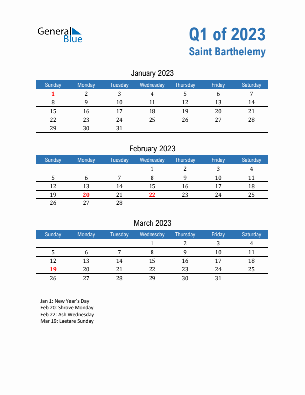 Saint Barthelemy 2023 Quarterly Calendar with Sunday Start