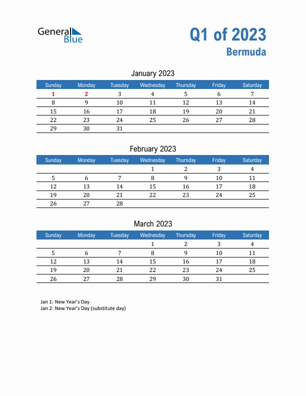 Bermuda 2023 Quarterly Calendar with Sunday Start