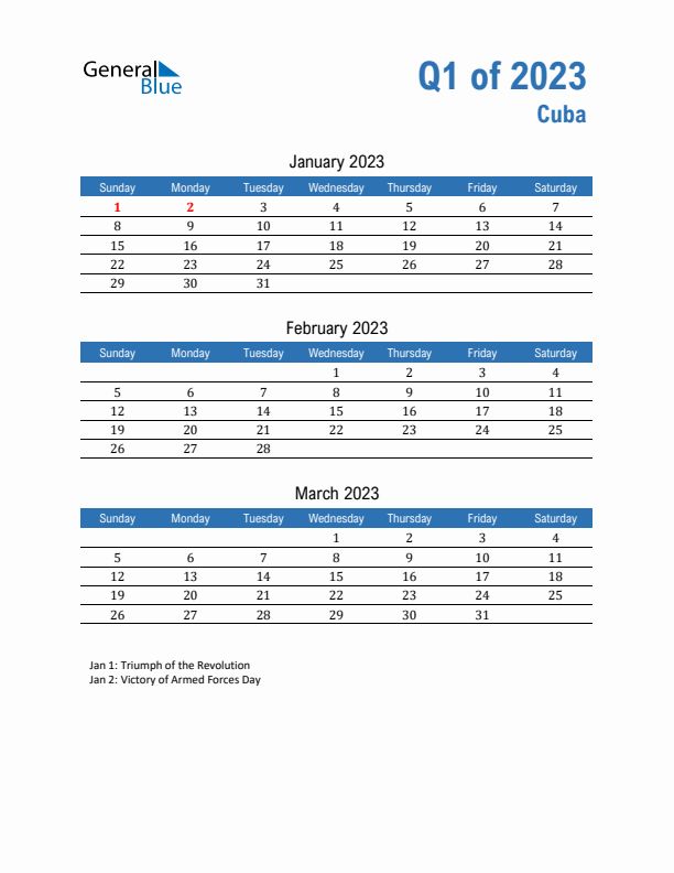 Cuba 2023 Quarterly Calendar with Sunday Start